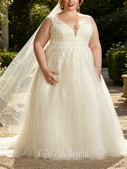 Deep-V Embroidered V-Neck Wedding Dress with Tulle Skirt