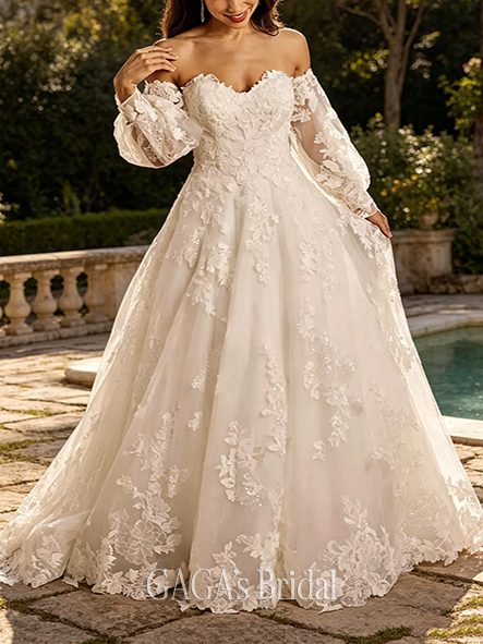 Transformable Lace Applique Gown with Removable Billow Sleeves