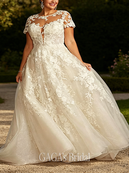 Sheer-Cap Lace Illusion Cap Sleeve Ball Gown Wedding Dress