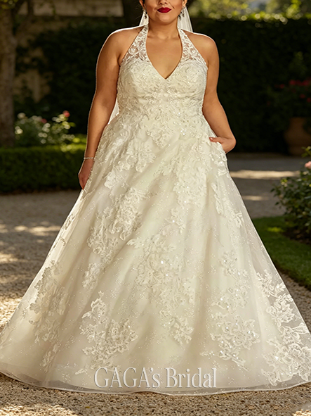 Halter-Style V-Neck Halter Beaded Lace Ball Gown Wedding Dress