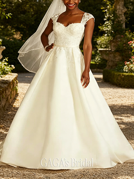 Mini-Sleeve Lace Applique Cap Sleeve Satin Wedding Dress