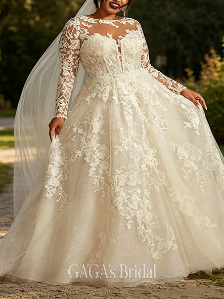Full-Length Lace Illusion Long Sleeve Ball Gown Wedding Dress
