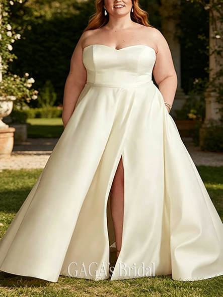 Slit-Detail Strapless Satin Wedding Dress with Slit