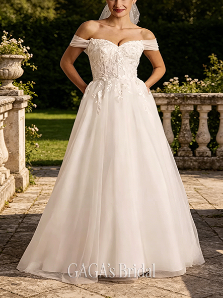 Fashion-Forward Applique Ball Gown Off-the-Shoulder Wedding Dress