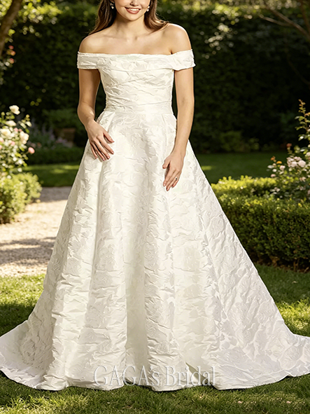 Imperial Off-the-Shoulder Jacquard Ball Gown Wedding Dress