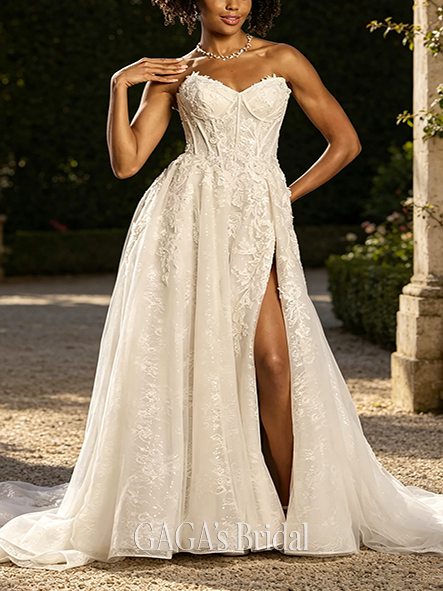 Glimmering Strapless Beaded Lace Basque Waist Wedding Dress