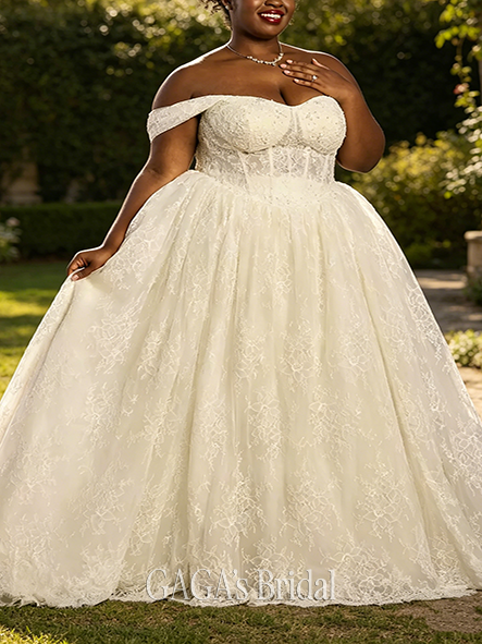 Versatile Basque Waist Lace Ball Gown with Removable Sleeves