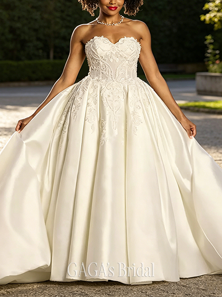 Opulent Embellished Satin Ball Gown Wedding Dress