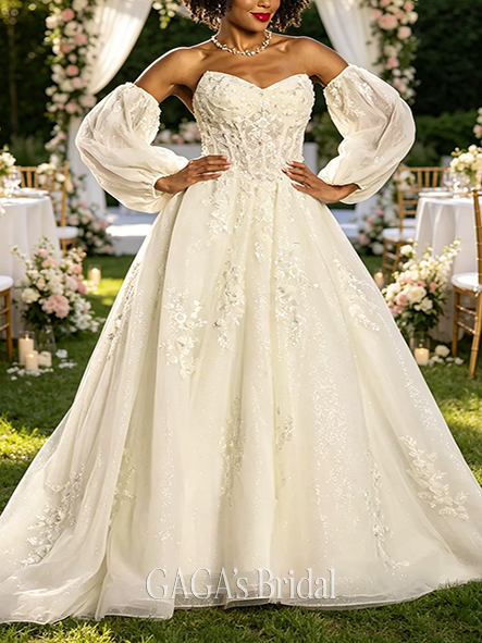 Delicate Beaded Tulle Wedding Dress with Detachable Sleeves
