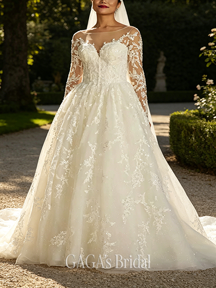Airy Lace Appliqued Illusion Long Sleeve Wedding Dress