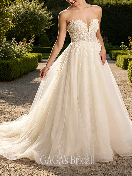 Vibrant 3D Floral Plunging Strapless Tulle Ball Gown