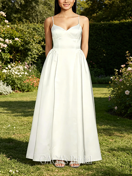 Sheer Satin Spaghetti Strap Ball Gown Wedding Dress