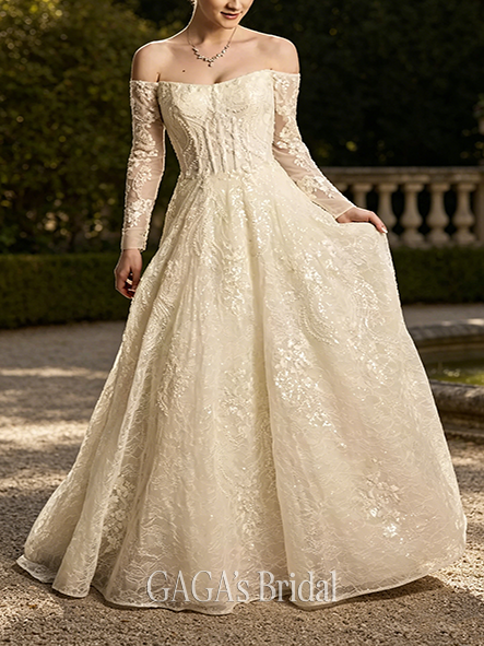 Beaded Off-the-Shoulder Pearl Beaded Lace Wedding Dress