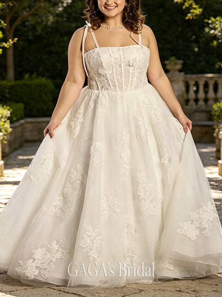 Boho Tie Strap Ball Gown with Beaded Lace Appliques