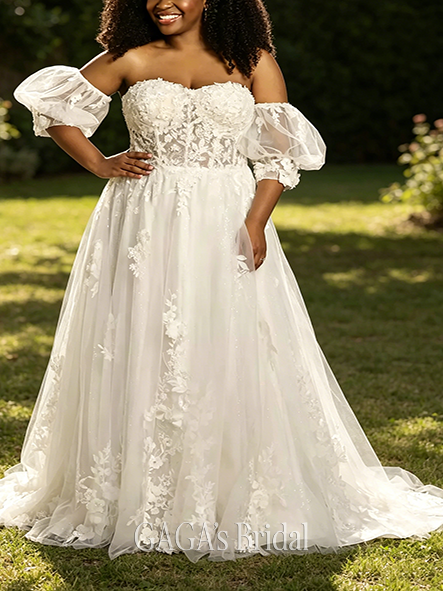 Dreamlike Tulle and Lace Applique Ball Gown with Puff Sleeve