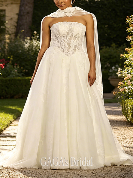 Graceful Lace Ball Gown with Matching Appliqued Scarf