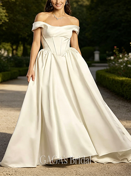 Exquisite Satin Off-the-Shoulder Basque Waist Ball Gown
