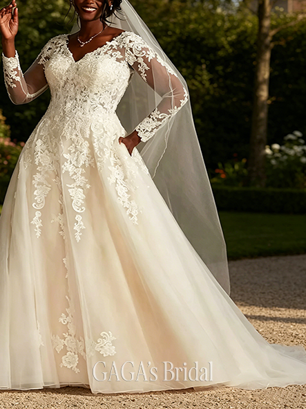 Demure Lace and Tulle Long Sleeve Ball Gown Wedding Dress