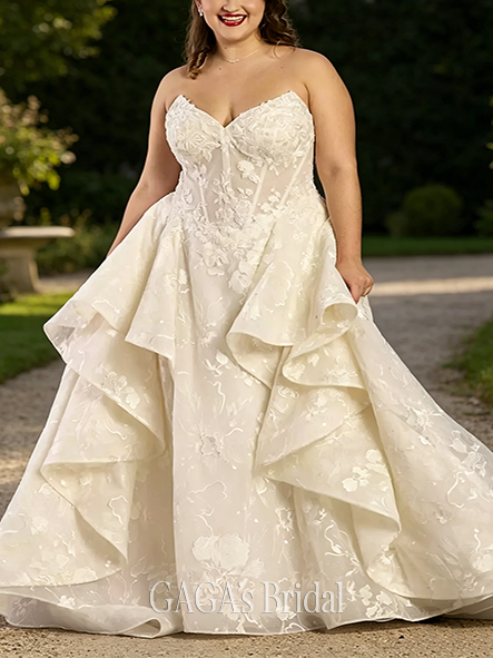 Tiered Lace Appliqued Pickup Ball Gown