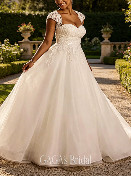 Convertible Lace Applique Ball Gown with Removable Sleeves