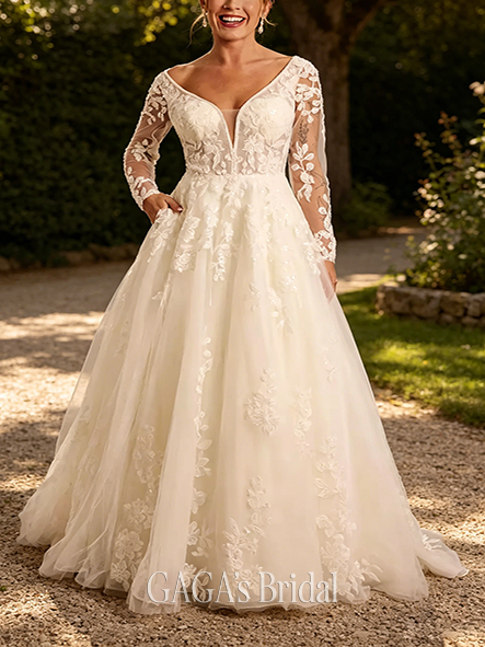 Ethereal Plunging Long Sleeve Tulle Ball Gown Wedding Dress