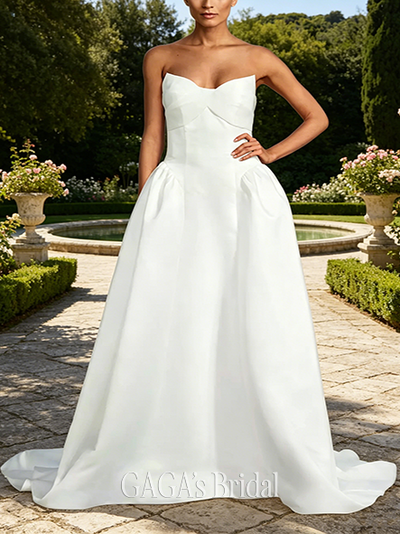 Tailored Strapless Pointed Sweetheart Satin Ball Gown