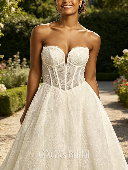 Contoured Allover Lace Basque Waist Corset Ball Gown