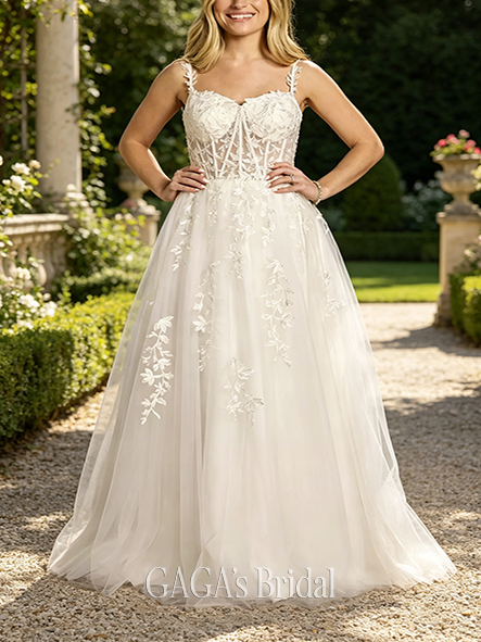 Fine Lace Applique and Tulle Illusion Corset Ball Gown