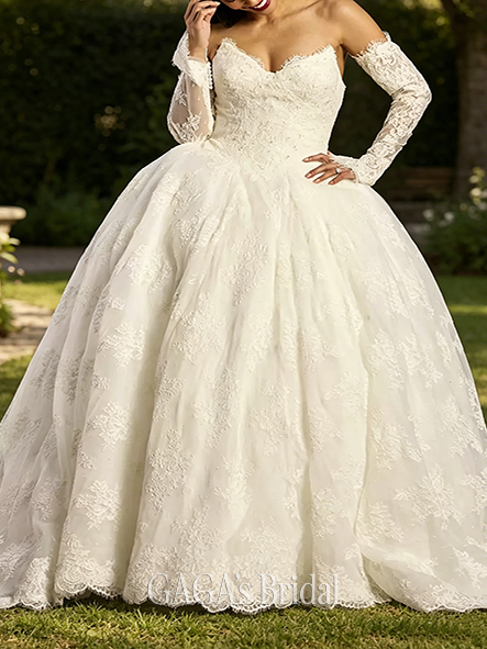 Gentle Off-the-Shoulder Long Sleeve Lace Ball Gown