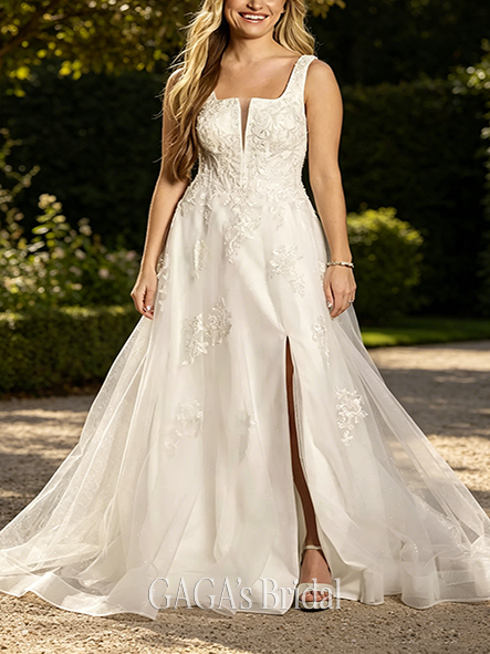 Crisp Square Neck Tulle and Lace Ball Gown Wedding Dress