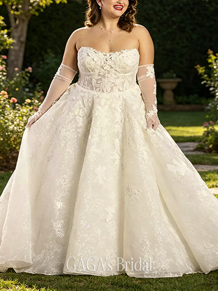 Coordinated Strapless Lace Ball Gown with Matching Gloves