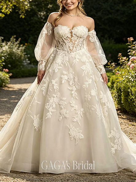 Flowy Tulle Billow Sleeve Ball Gown with Lace Appliques