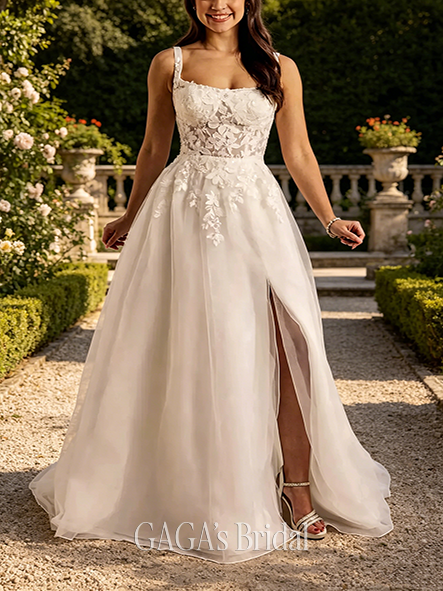 Elegant-Fit Illusion Bodice Square Neck Wedding Dress