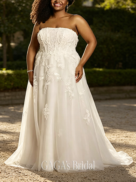 Ornamented Strapless Tulle Ball Gown with 3D Flower Appliques