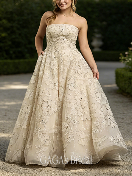 Artisanal Floral Embroidered Strapless Tulle Ball Gown