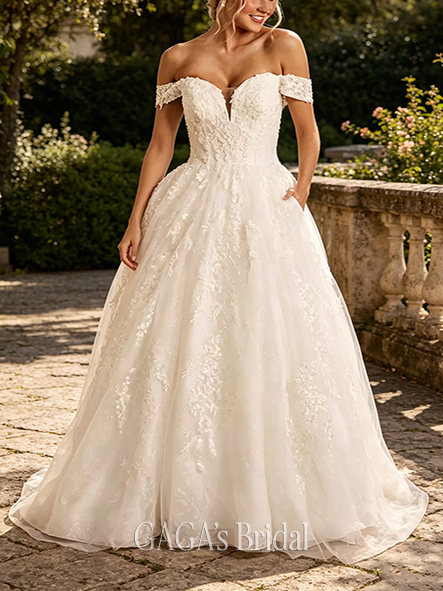 Cloudlike Off-the-Shoulder Tulle Ball Gown Wedding Dress