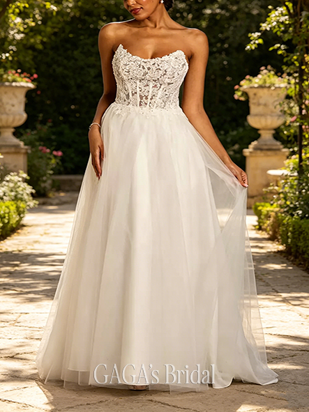 Hybrid-Fabric Strapless Lace and Tulle Ball Gown Wedding Dress