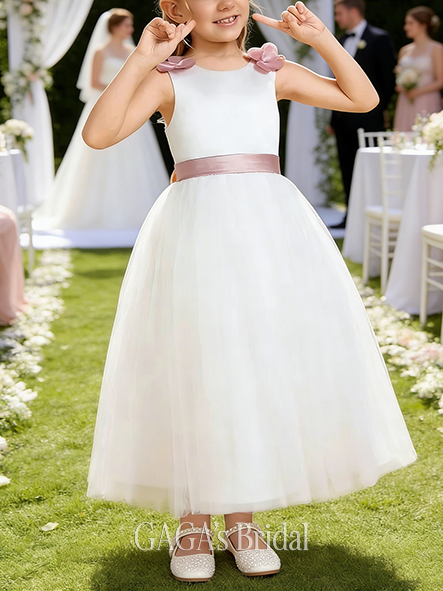 A-line Graceful Scoop Tea-Length Tulle Satin Flower Girl Dress With Bow 3D Floral