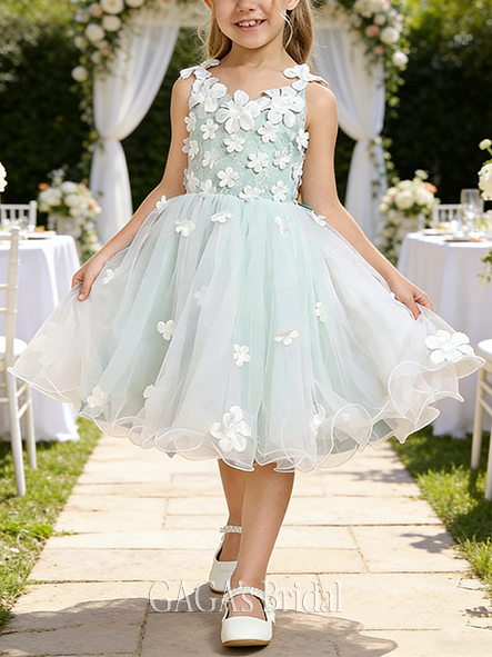A-line Graceful V-Neck Knee-Length Tulle Satin Flower Girl Dress With Bow 3D Floral
