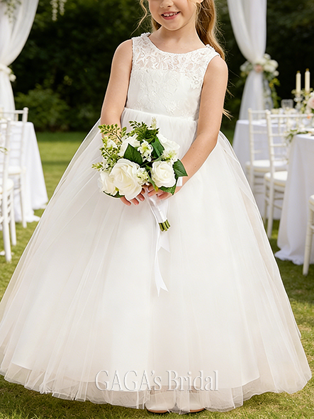 A-line Exquisite Scoop Floor-Length Lace Tulle Flower Girl Dress With Beading