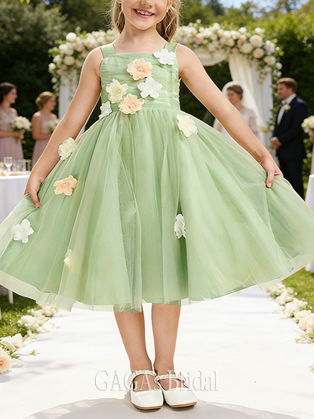 A-line Precious Square Tea-Length Tulle Flower Girl Dress With 3D Floral