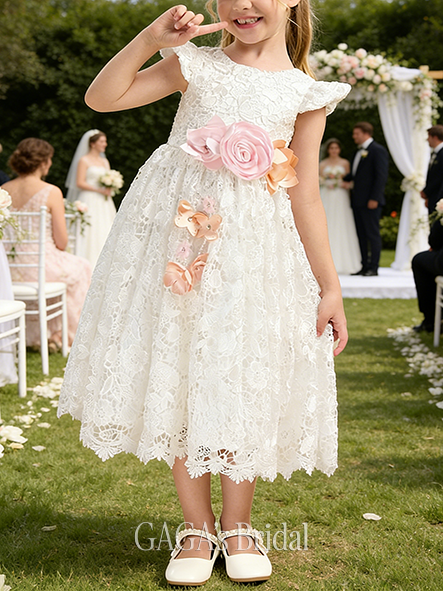 A-line Charming Scoop Tea-Length Lace Lining 100% Cotton Flower Girl Dress With 3D Floral