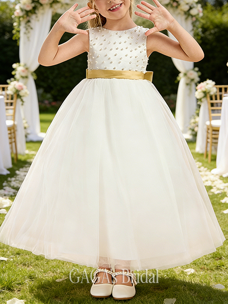 A-line Opulent Scoop Ankle-Length Satin Tulle Flower Girl Dress With Bow Beading