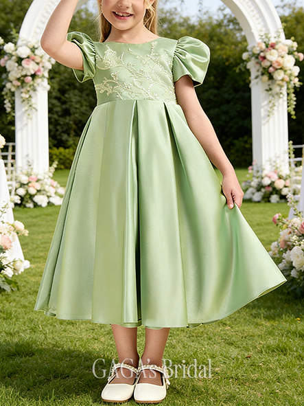 A-line Polished Scoop Ankle-Length Satin Lace Flower Girl Dress