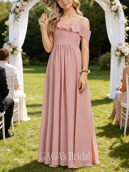 A-line Modern Cold Shoulder Floor-Length Chiffon Junior Bridesmaid Dress