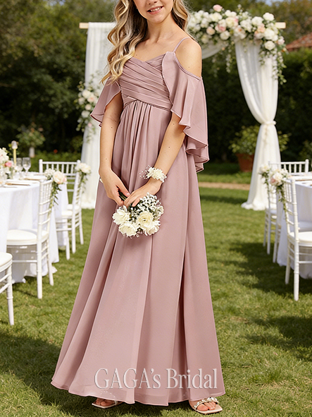 A-line Distinctive Cold Shoulder Floor-Length Chiffon Junior Bridesmaid Dress With Cape