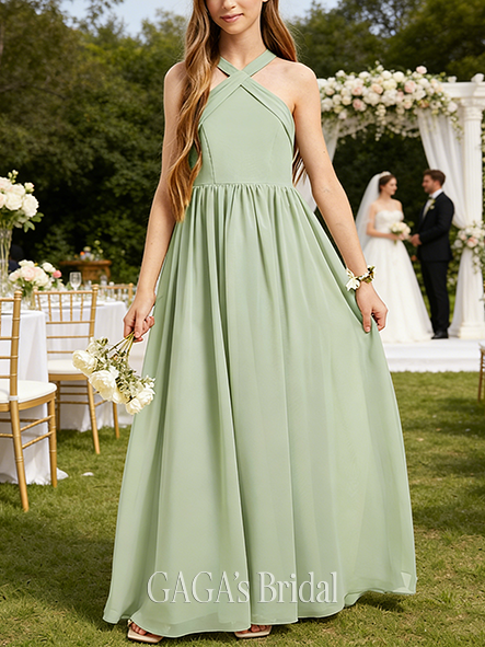 A-line Clean Halter Floor-Length Chiffon Junior Bridesmaid Dress