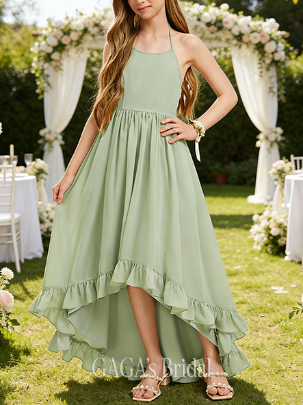 A-line Edgy Halter Asymmetrical Chiffon Junior Bridesmaid Dress