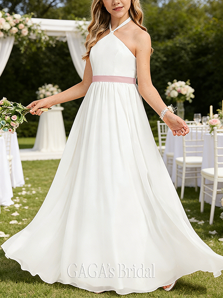 A-line Minimalist Halter Floor-Length Chiffon Junior Bridesmaid Dress