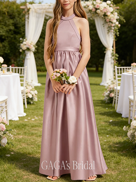 A-line Smooth Halter Floor-Length Satin Junior Bridesmaid Dress